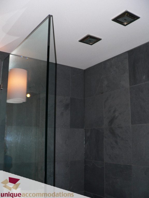 Spacious bathroom with modern glass shower and sleek black tiles. - 203 - 1066 W 13th Ave, Vancouver West Side