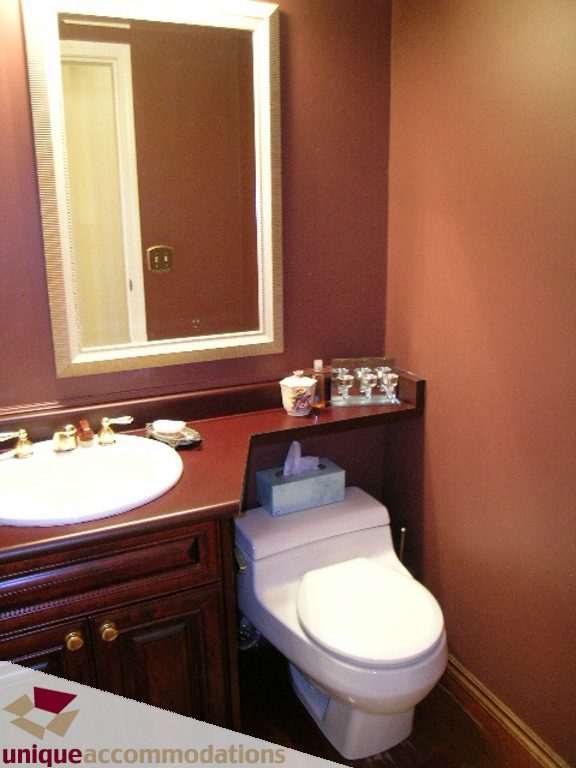 Bathroom with dark wood countertop and tissue box on toilet tank. - 5735 Nancy Green way, North Vancouver