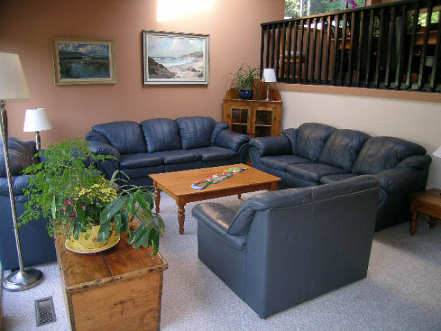 Furnished living room with leather sofas, wooden coffee table, and framed artwork on the wall. - 1077 Blue Grouse Way, North Vancouver
