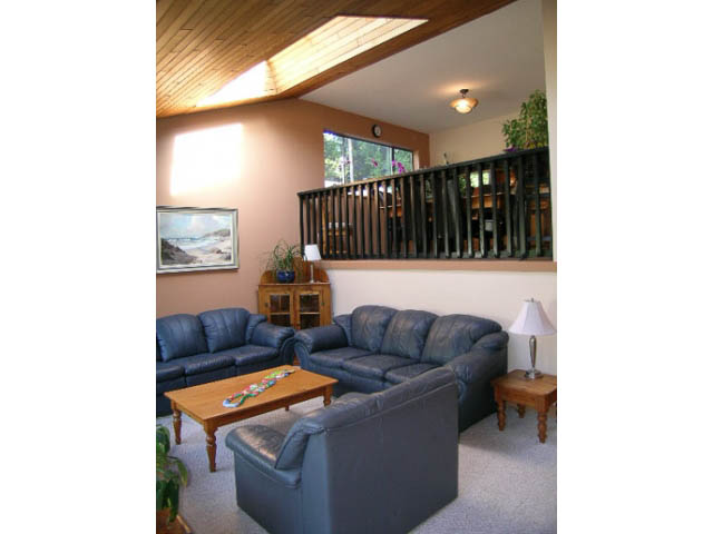 Bright living room with blue leather couches, wooden coffee table, and large windows. - 1077 Blue Grouse Way, North Vancouver