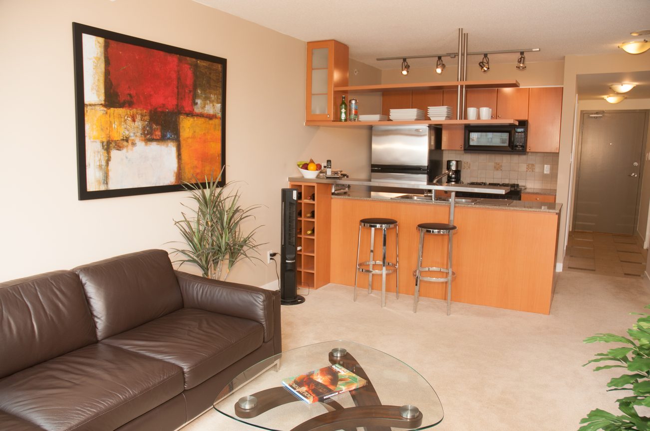Bright kitchen with wooden cabinets, stainless steel appliances, and a modern leather sofa in the living area.