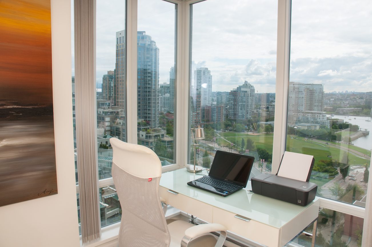 Furnished office with city view and modern desk setup. - 1708 - 1438 Richards Street, Vancouver Downtown