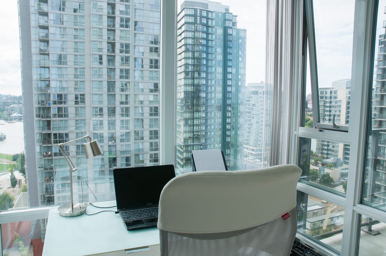 Bright office with large windows, city view, and modern furniture. - 1708 - 1438 Richards Street, Vancouver Downtown