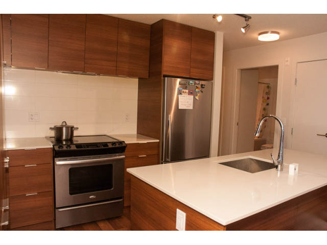 Bright kitchen with modern stainless steel appliances, white countertops, and wooden cabinetry. - 215 - 1677 Lloyd Avenue, North Vancouver