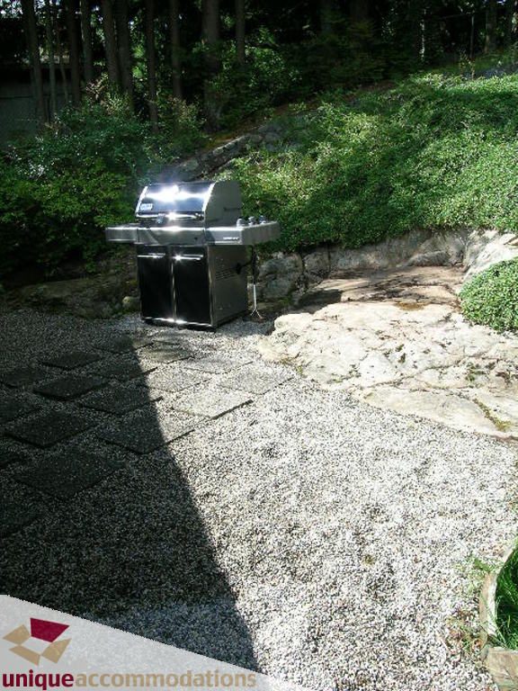 Patio with stone pathway and BBQ grill, surrounded by greenery. - 68 Bonnymuir Drive, West Vancouver