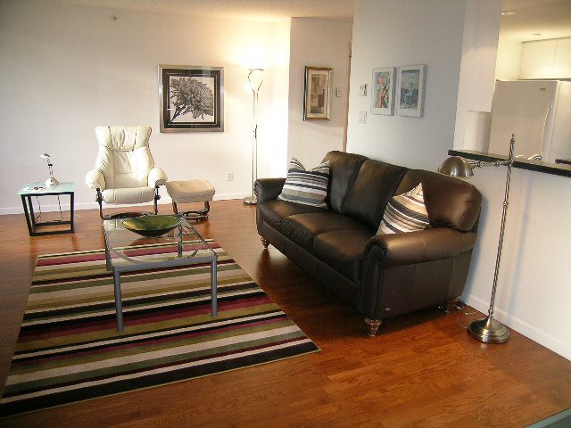 Living room with hardwood floors, modern furniture, and a striped rug. - 1701 - 867 Hamilton Street, Vancouver Downtown
