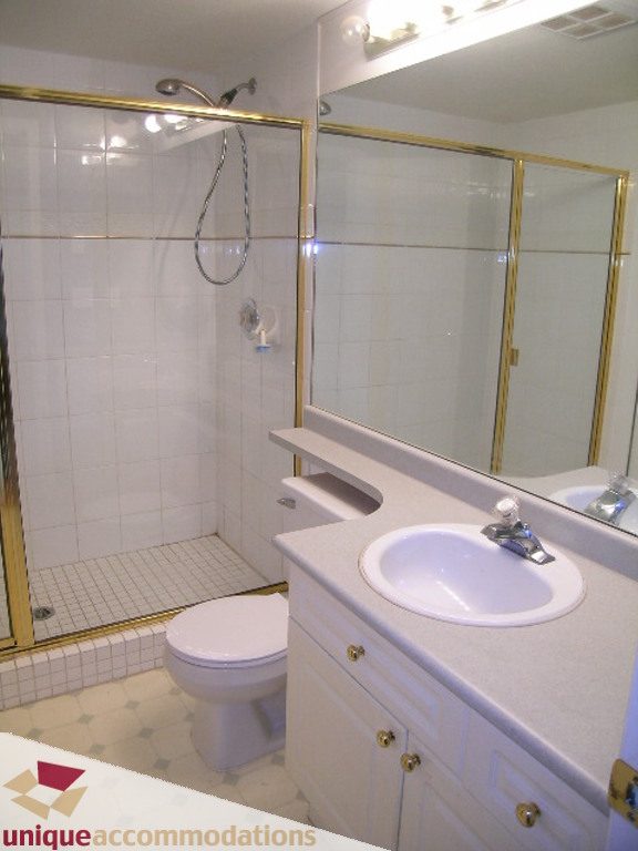 Bright bathroom with white vanity, gold trim, and walk-in shower. - 208 - 128 West 8th Street, North Vancouver