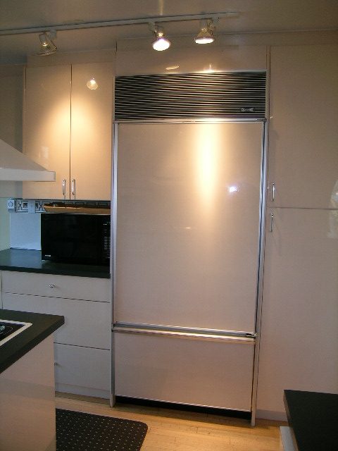 Bright kitchen with modern stainless steel appliances, black countertops, and light wood flooring. - 1628 Stephens Street, Vancouver West Side