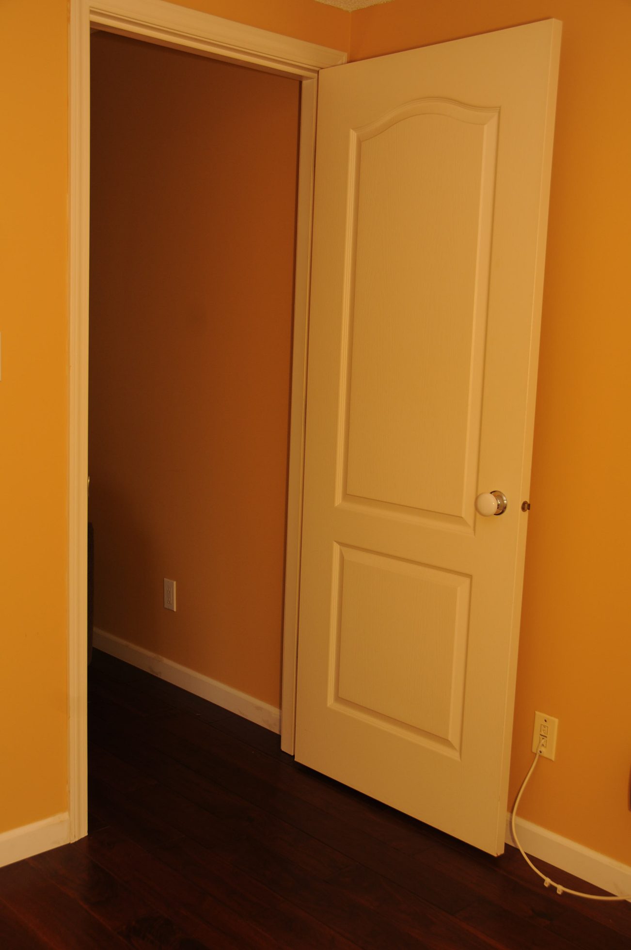 Bright hallway leading to a door with a white panel and a white knob, dark hardwood floors, and orange walls.
