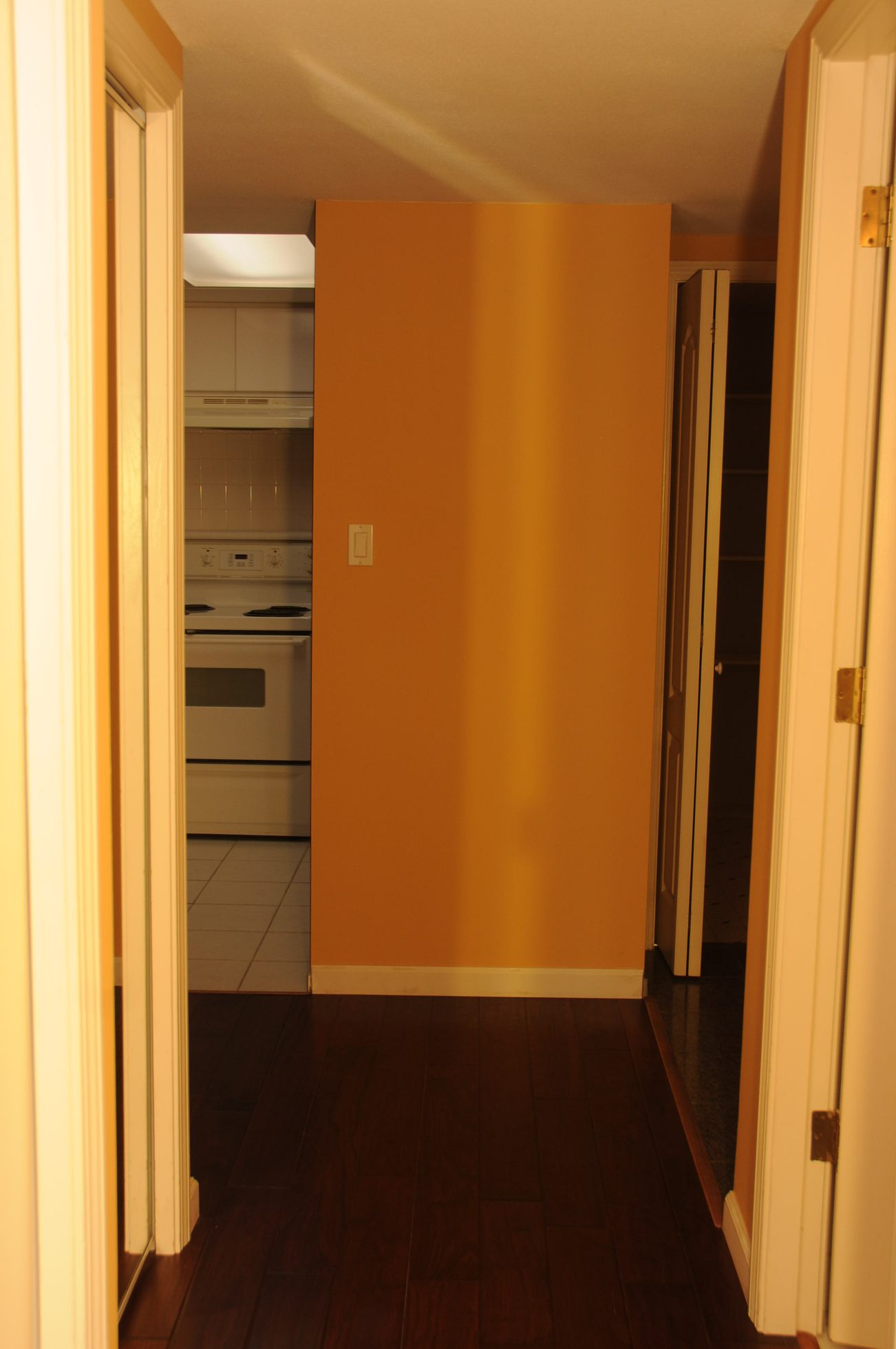 Bright kitchen with white appliances and dark hardwood floors. - 1705-867 Hamilton Street, Vancouver Downtown