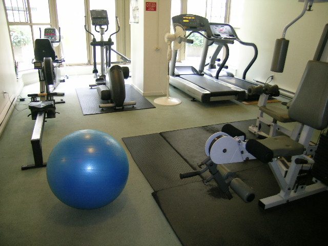 Fitness room with exercise equipment, yoga mats, and a blue ball. - 1705-867 Hamilton Street, Vancouver Downtown