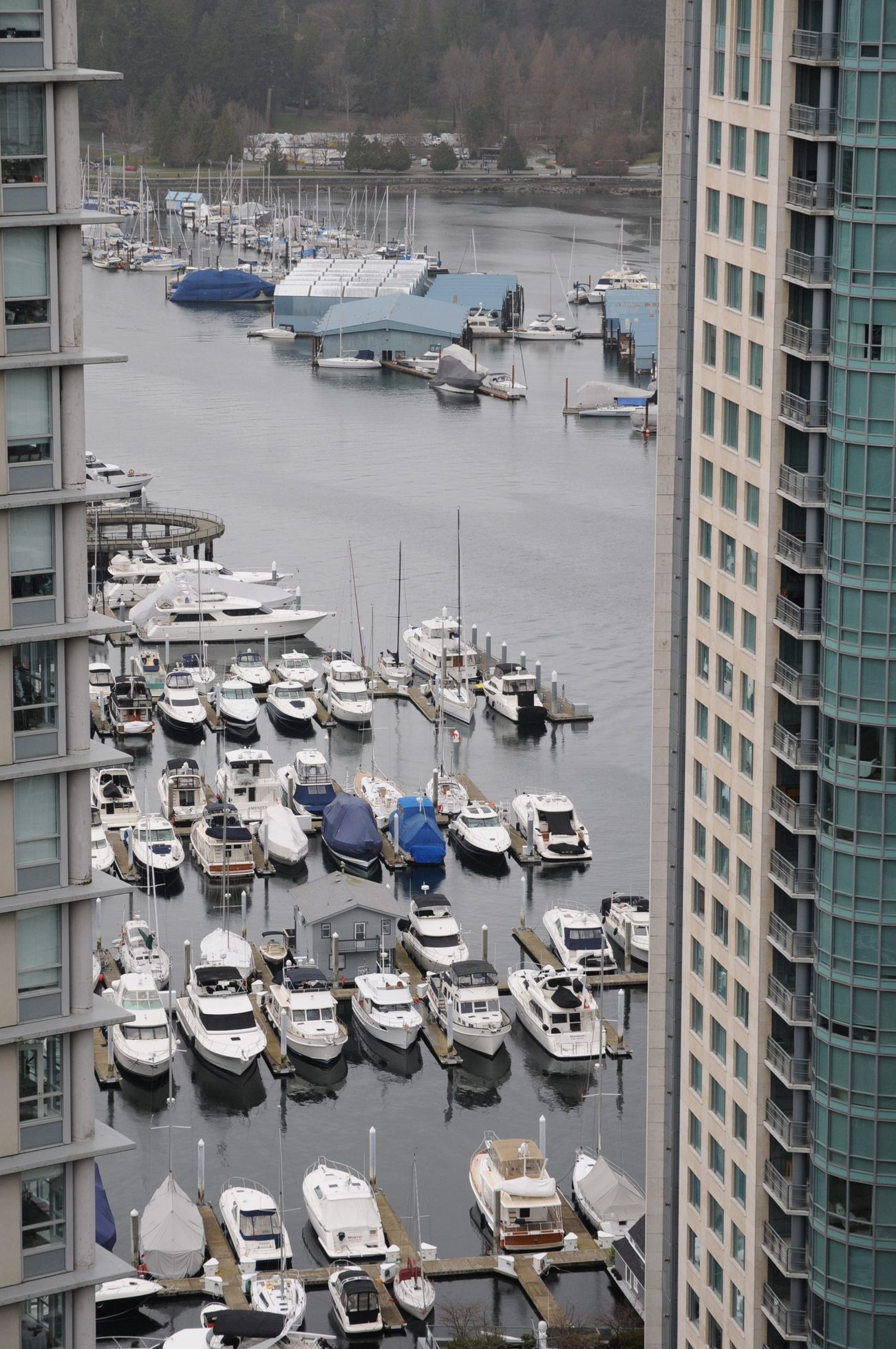 Bright balcony with stunning marina view and modern high-rise buildings. - 2901 - 1205 West Hastings Street, Vancouver Downtown