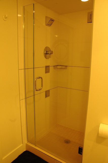 Bright bathroom with glass shower and modern fixtures. - 1405- 565 Smithe Street, Vancouver Downtown