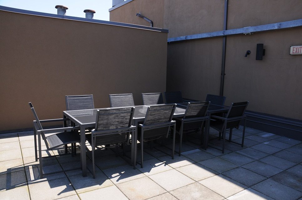 Furnished patio with outdoor seating and tiled flooring. - 801-233 Abbott Street, Vancouver Downtown