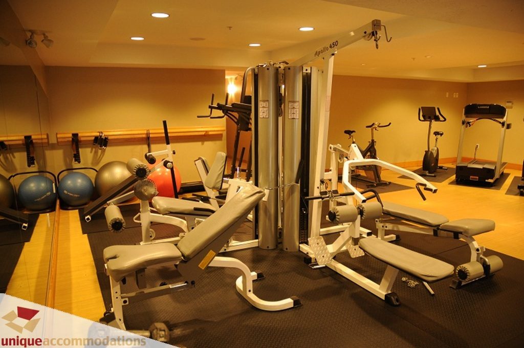 Fitness room with various exercise equipment and mirrors. - 103-580 Raven Woods Drive, North Vancouver