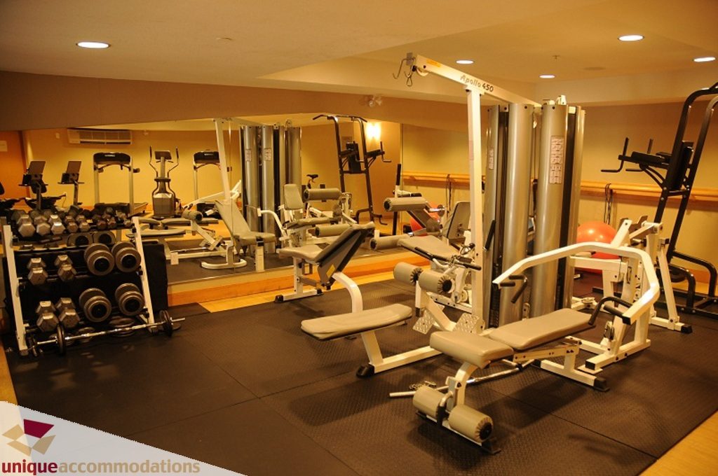 Bright gym with various exercise equipment and mirrors. - 212- 580 Raven Woods Drive, North Vancouver