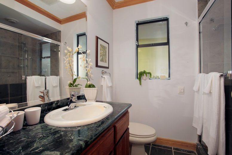 Bathroom with marble countertop and modern fixtures. - 2758 Panorama Drive, North Vancouver