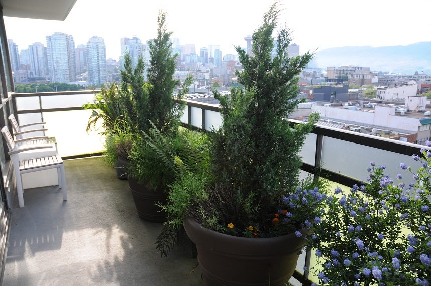 Furnished balcony with city view and potted plants. - 903-718 Main Street, Vancouver Downtown