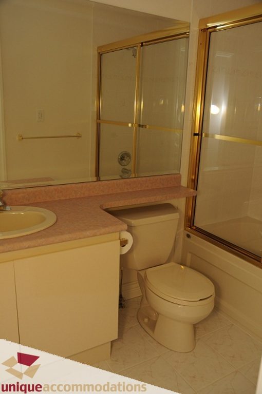 Bathroom with pink countertops and gold-framed shower doors. - 4139 Citadel Court, North Vancouver