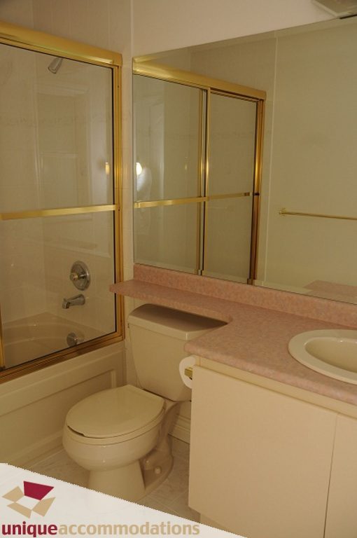 Bathroom with pink countertop and gold-framed shower. - 4139 Citadel Court, North Vancouver