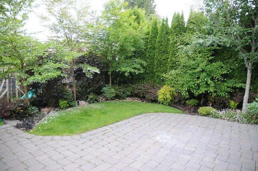 Paved patio with lush greenery and manicured lawn. - 4104 West 12th Avenue, Vancouver West Side