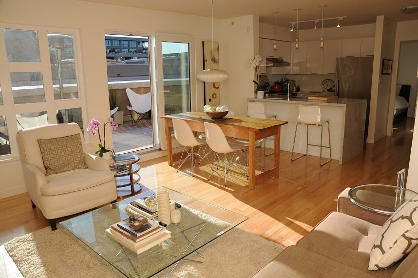 Bright kitchen with hardwood floors, city view, and modern furnishings. - 411- 2161 West 12th Avenue, Vancouver West Side