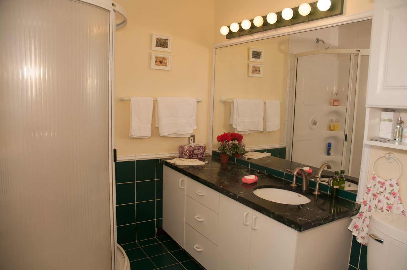 Furnished bathroom with dark green tile, marble countertop, and a shower. - 3249 West 36th Ave, Vancouver West Side