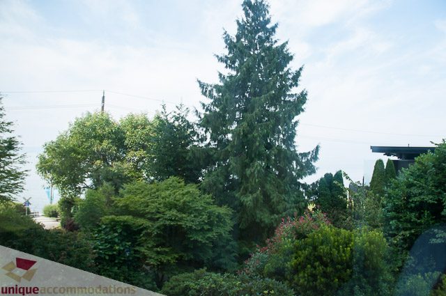 Furnished living room with large windows and greenery view. - 103-2288 Bellevue Ave, West Vancouver