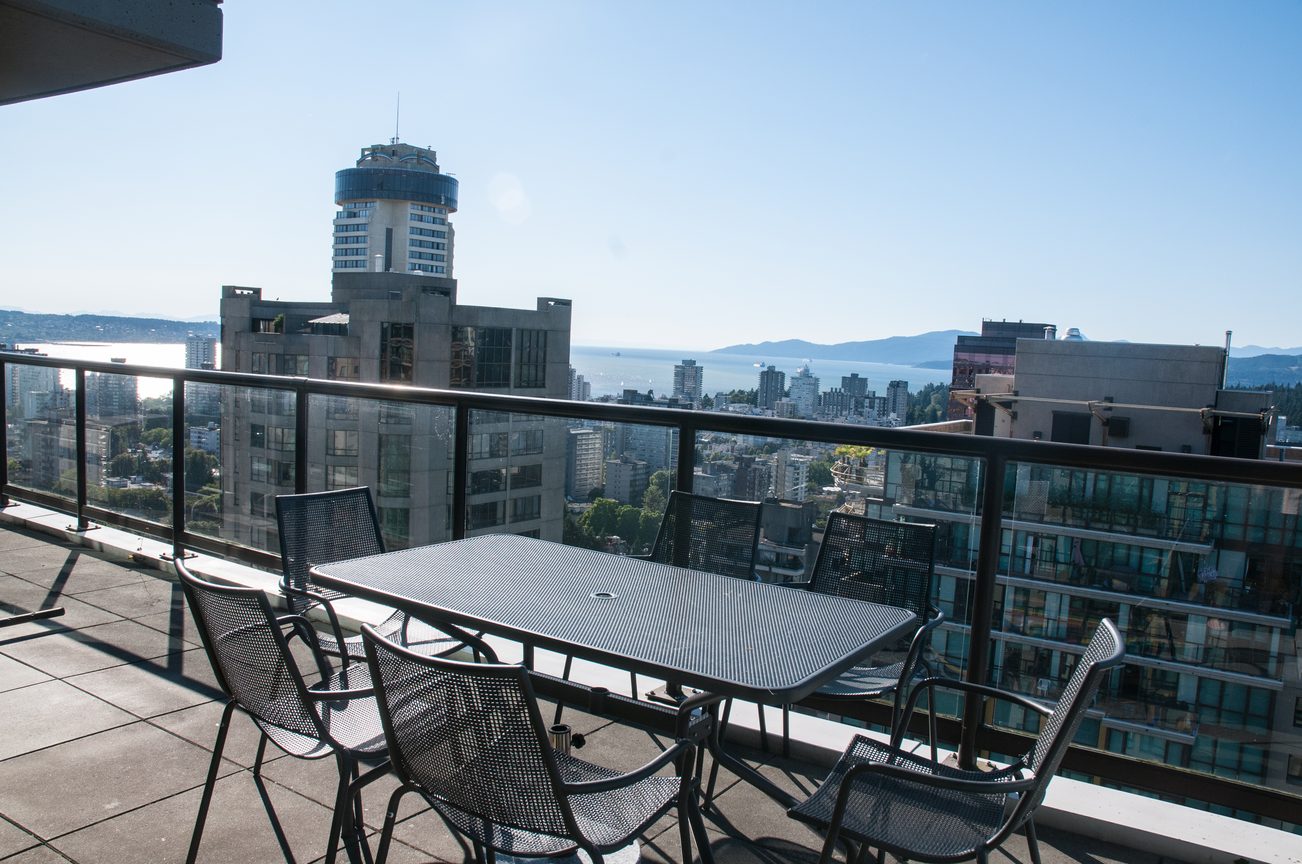Furnished balcony with city view and outdoor seating. - 3201 - 1331 Alberni, Vancouver Downtown