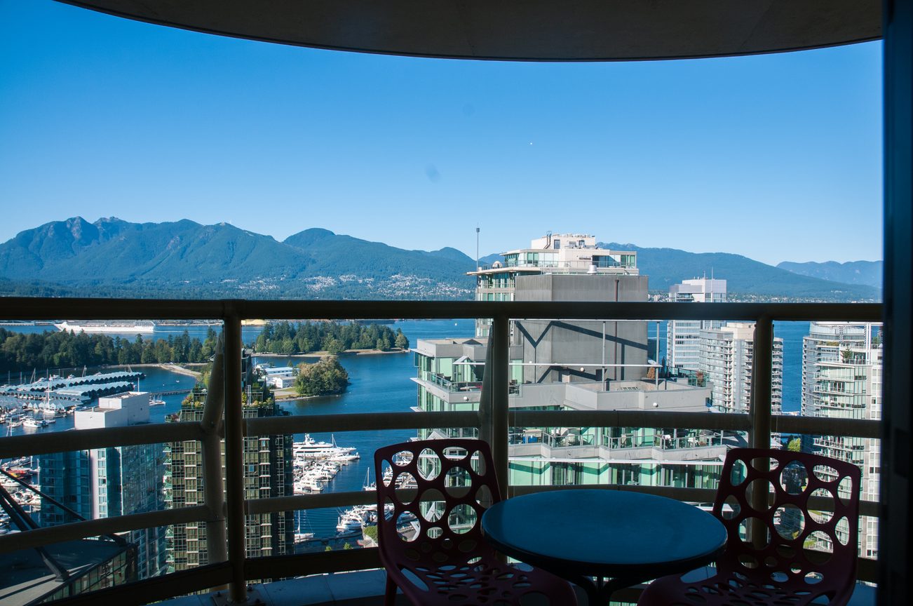 Bright balcony with city view and modern furnishings. - 3201 - 1331 Alberni, Vancouver Downtown