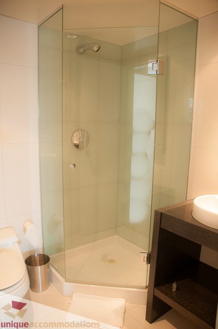 Modern bathroom with glass shower and sleek countertop. - 604-1000 Beach Avenue, Vancouver Downtown