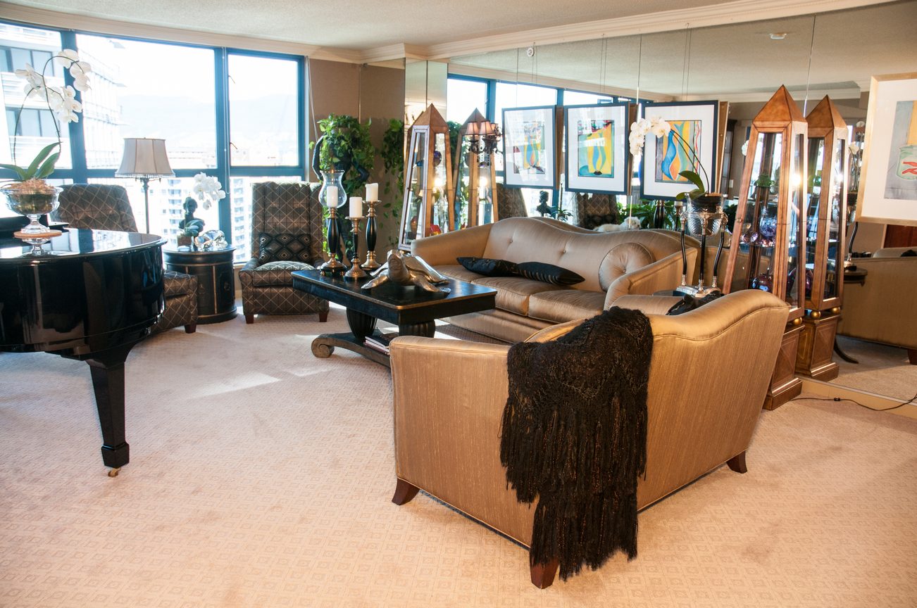 Furnished living room with grand piano, city view, and elegant decor. - 1501 - 1238 Seymour Street, Vancouver Downtown