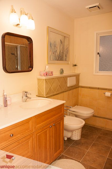 Bathroom with wooden cabinets, white countertop, and framed artwork. - 4559 W. 3rd Ave, Vancouver West Side