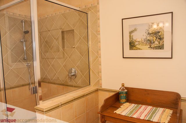 Furnished bathroom with glass shower and framed artwork. - 4559 W. 3rd Ave, Vancouver West Side