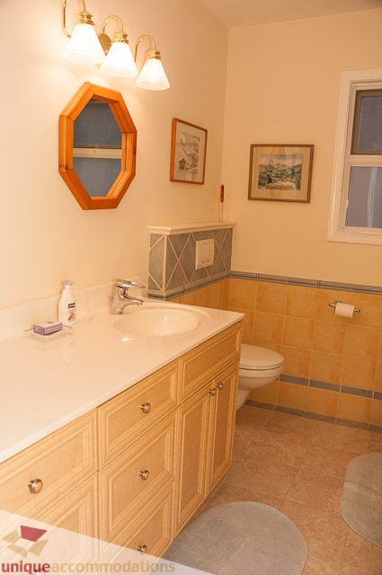 Bright bathroom with light wood cabinets, white countertop, and orange hexagonal mirror. - 4559 W. 3rd Ave, Vancouver West Side