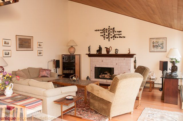 Furnished living room with cozy couch, fireplace, and artwork on the wall. - 4559 W. 3rd Ave, Vancouver West Side