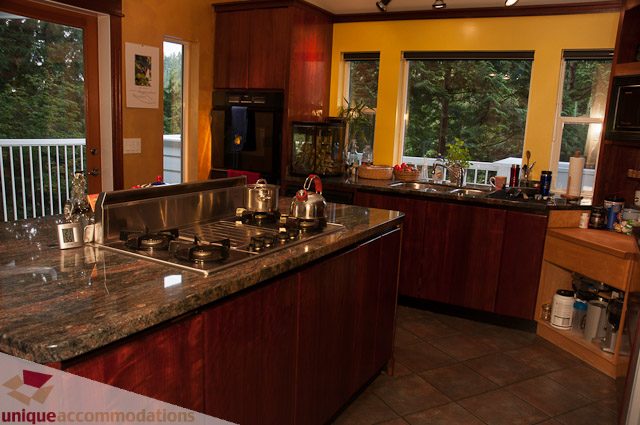 Bright kitchen with granite countertops, wooden cabinets, and a city view. - 1650 Riverside Drive, North Vancouver