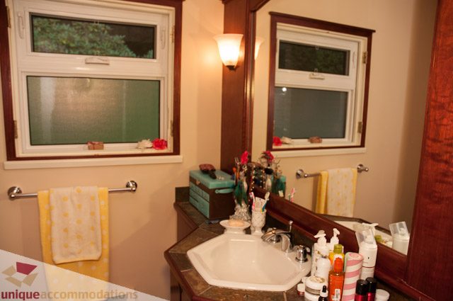 Furnished bathroom with wooden cabinets, granite countertops, and a window view. - 1650 Riverside Drive, North Vancouver