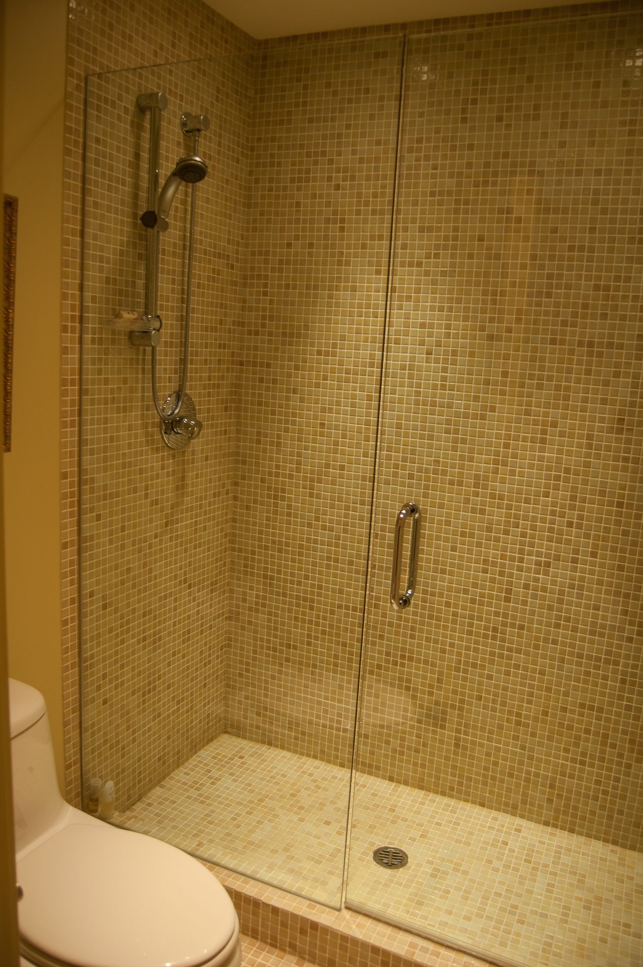 Shower with glass doors and mosaic tiles, modern fixtures. - 4454 Regency Place, West Vancouver