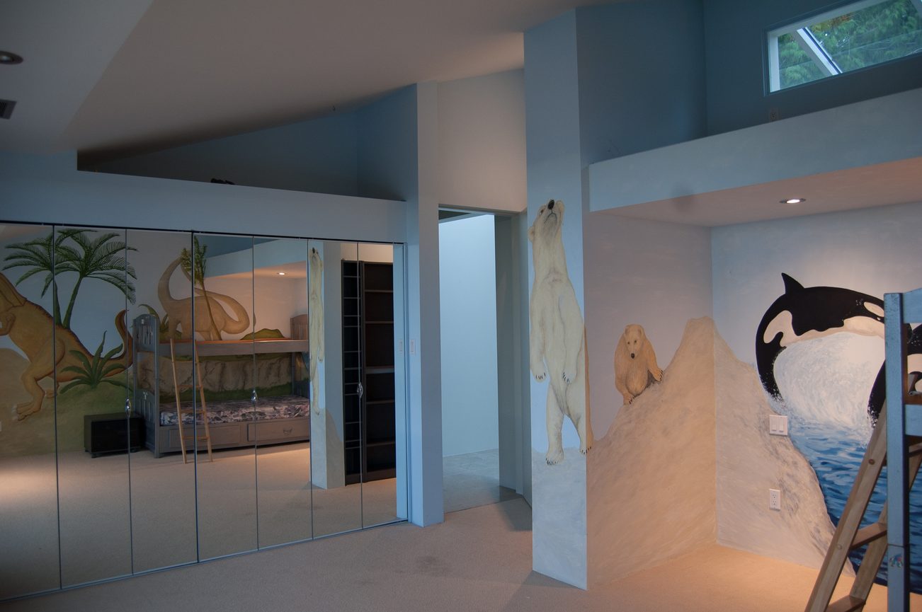 Furnished bedroom with large closet and animal-themed murals. - 4454 Regency Place, West Vancouver