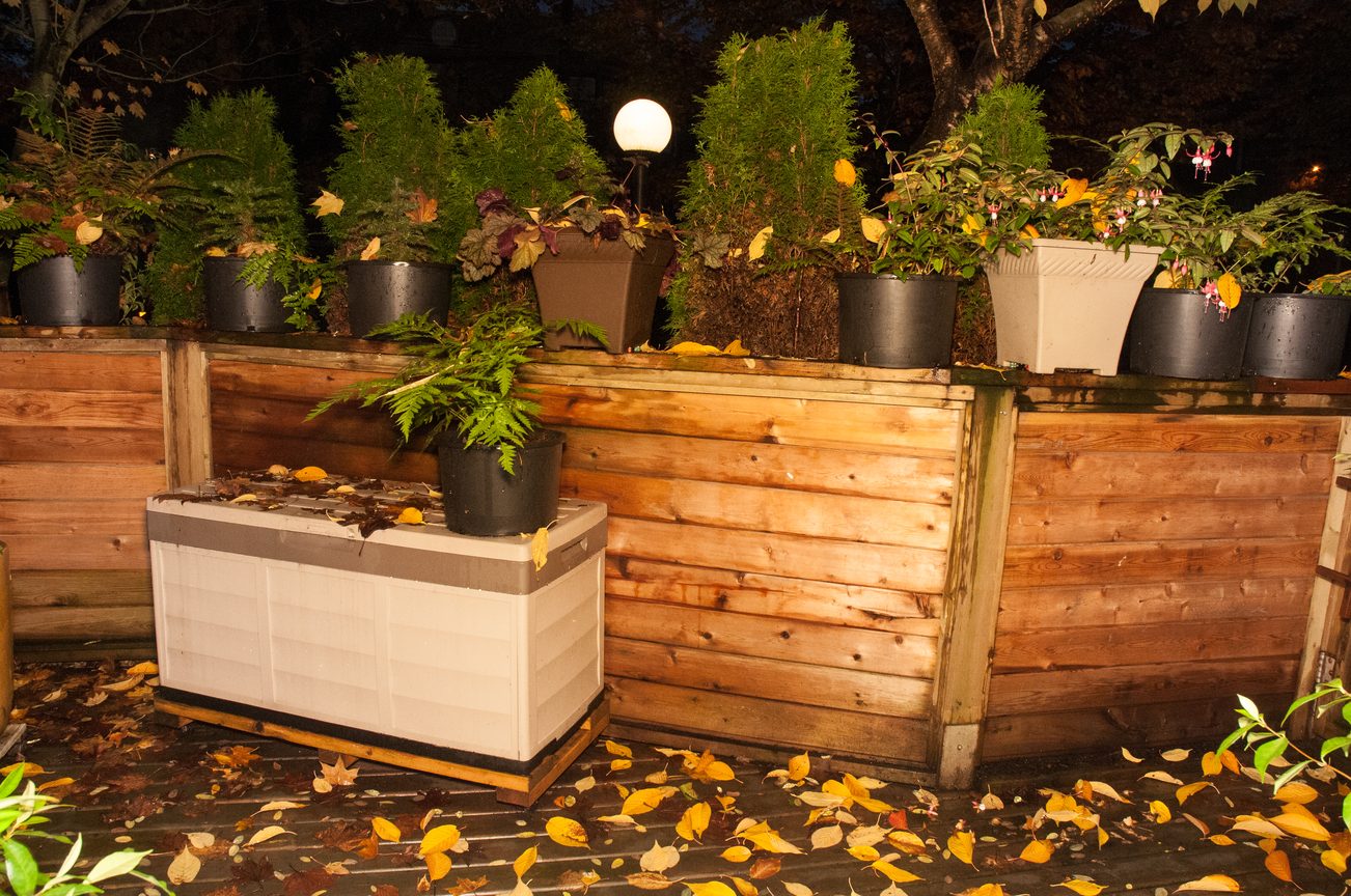 Furnished balcony with wooden planter boxes and autumn leaves. - 104 - 575 W 13th Ave, Vancouver West Side
