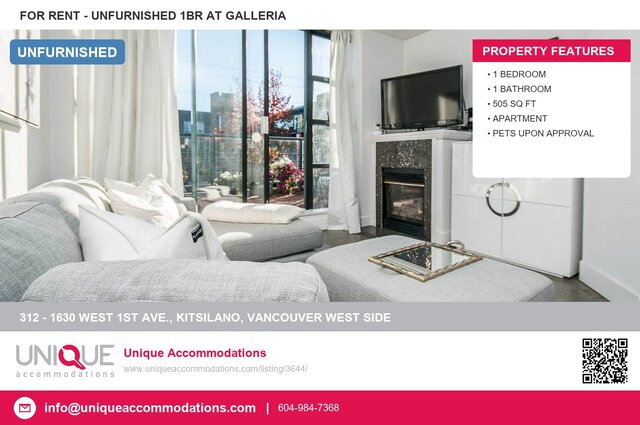 Spacious 1-bedroom condo with modern decor, large windows, and a cozy fireplace. - 312 - 1630 West 1st Ave., Vancouver West Side