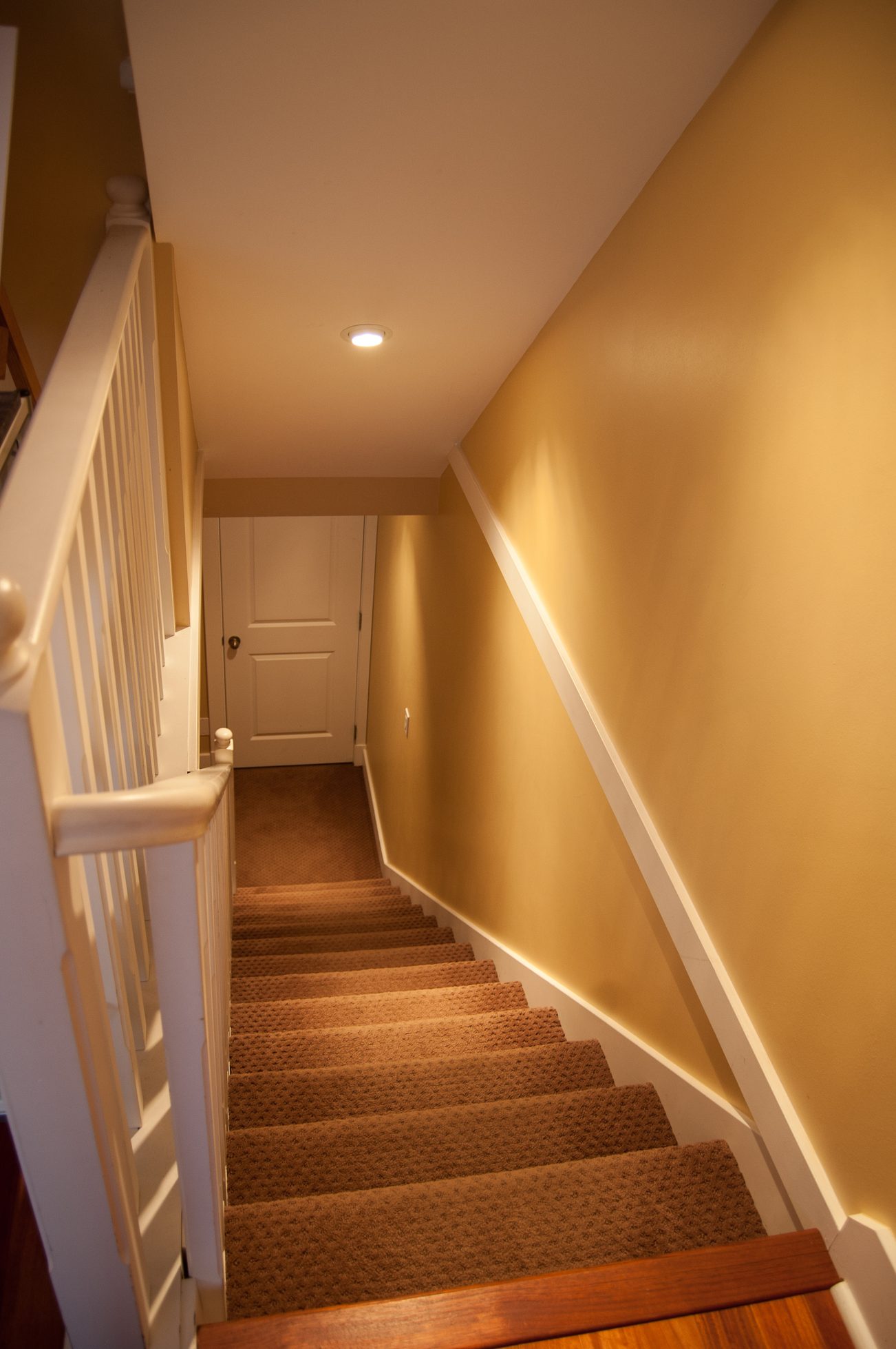 Staircase leading to a door with warm lighting and carpeted steps. - 221 East 17th Street, North Vancouver