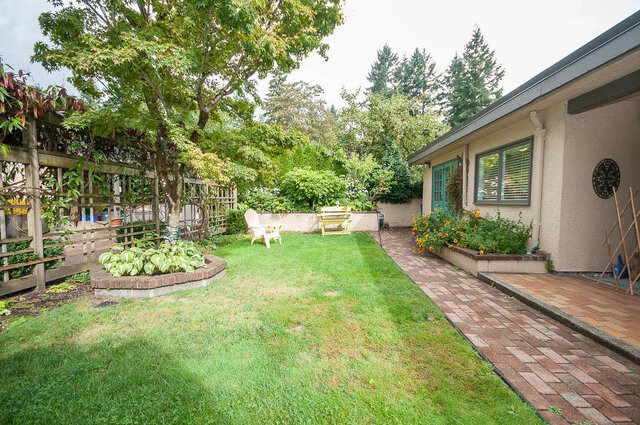 Spacious backyard with lush green lawn, brick patio, and garden beds. - Address WITHHELD, North Vancouver