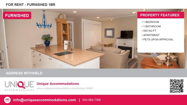 Furnished 1-bedroom apartment with granite countertops and a cozy living area. - Address WITHHELD, North Vancouver