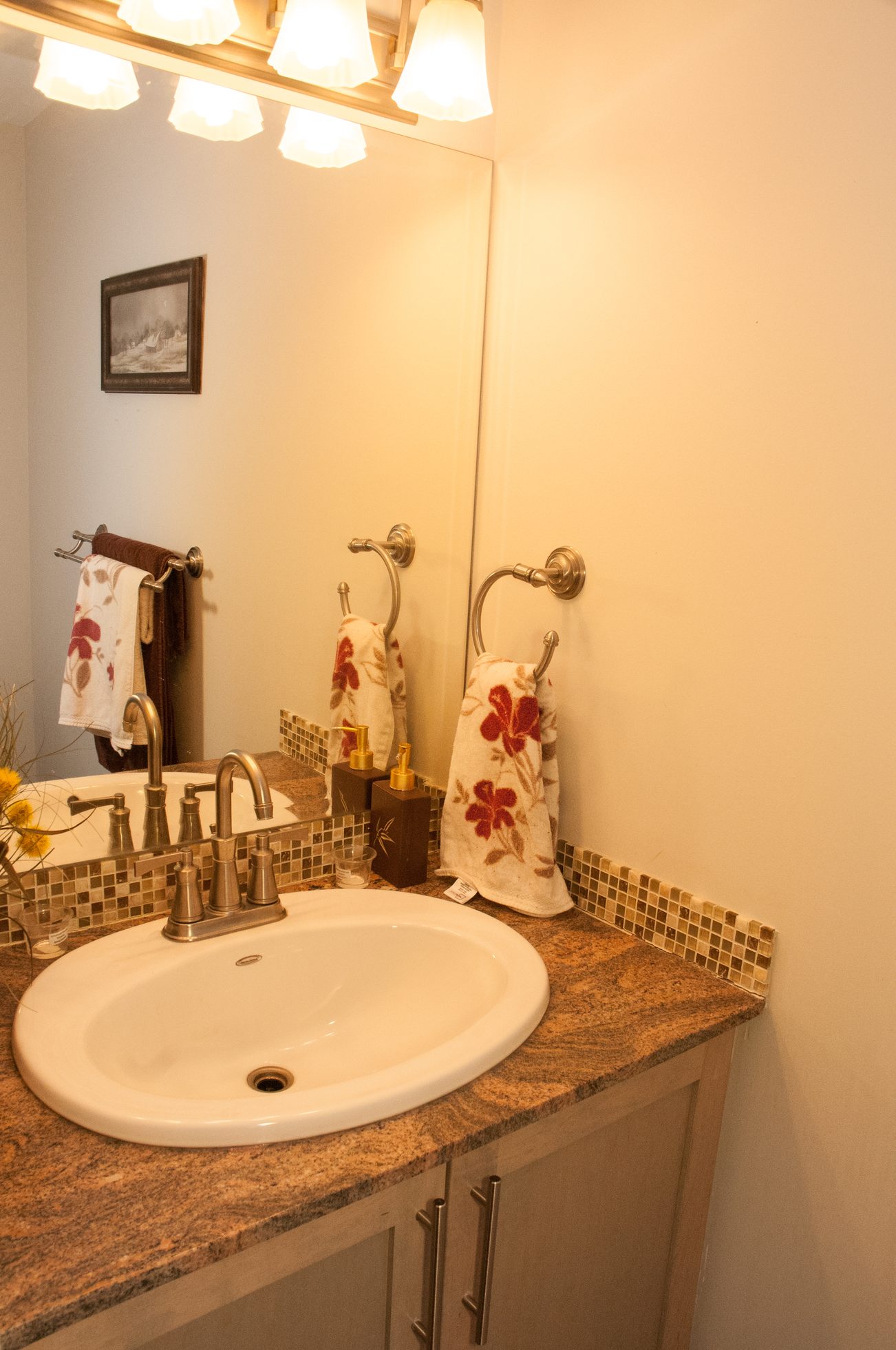 Bathroom with granite countertop and floral towels. - 5550 Huckleberry Lane, North Vancouver