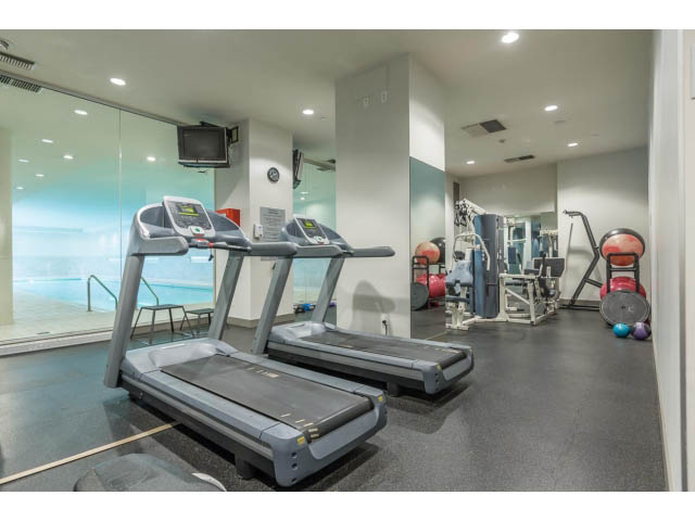 Bright gym with treadmills, weights, and a large mirror. - 106 - 633 Kinghorne Mews, Vancouver Downtown