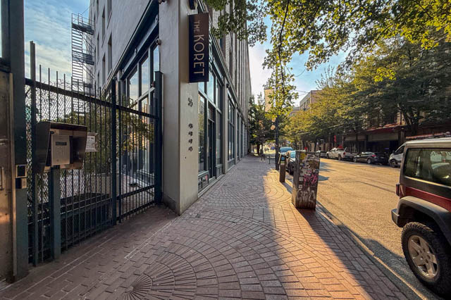 Furnished loft with brick walkway and urban street view. - 221 - 55 E. Cordova, Vancouver Downtown