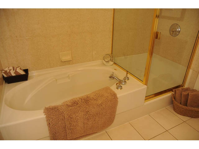 Furnished bathroom with bathtub, towel, and gold-framed shower. - 121 -1228 Marinaside Crescent, Vancouver Downtown