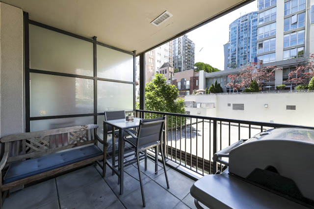 Furnished balcony with outdoor seating and city view. - 302 - 1241 Homer Street, Vancouver Downtown